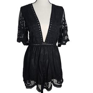 Lily Rain Romper Women Small Black Lace Floral Deep V Short Sleeve Boho Gothic
